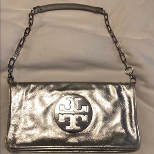 Tory Burch silver leather evening bag